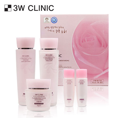 3W Clinic Flower Effect Extra Moisturizing Skin Care Set (Softener+Emulsion+Cream)