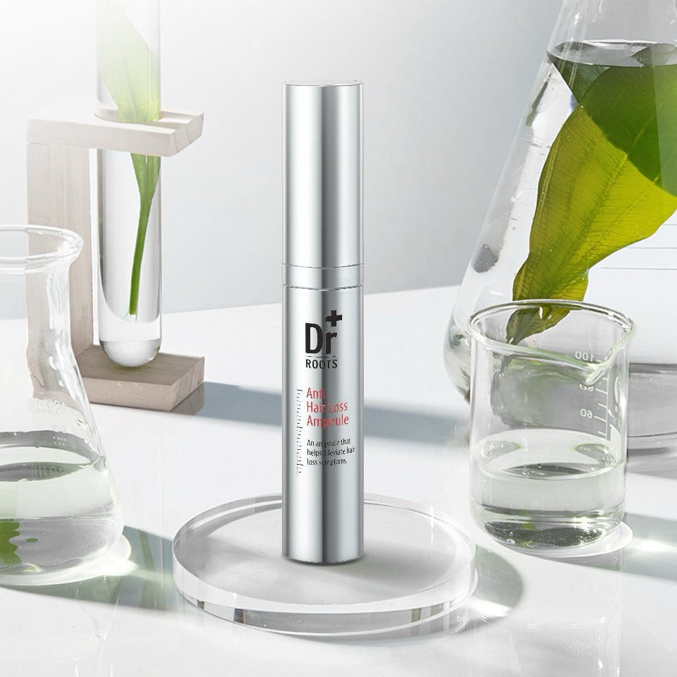 ISOI Dr.Roots Anti-Hair Loss Ampoule 10ml surrounded by glass containers in a lab setting