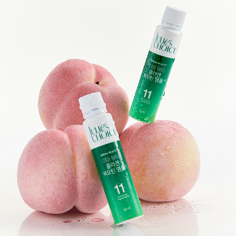 JULIE'S CHOICE Derma Beauty Collagen Biotin Ampoule 25ml with peaches background