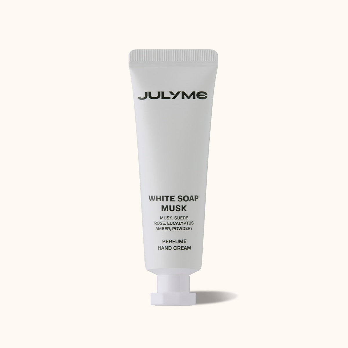 JULYME Perfume Shea Butter Hand Cream 30ml in white tube packaging with text highlighting musk, suede, rose, eucalyptus, amber, and powdery scent.