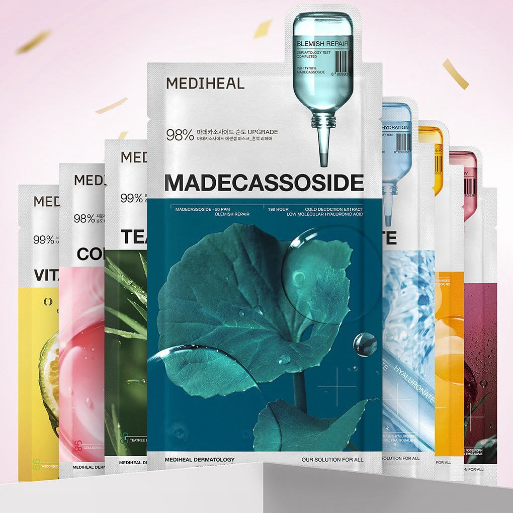 MEDIHEAL 7 Best Essential Masks showcasing vibrant, colorful packaging for skincare and hydration.