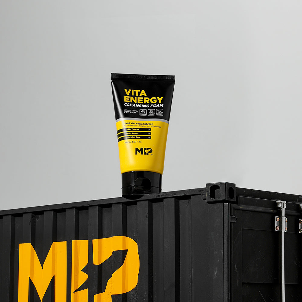 Gentleman Korea product shot of MIP Vita Energy Cleansing Foam 150ml tube on black crate for men’s skincare