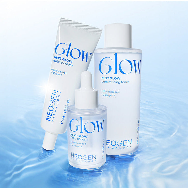 NEOGEN Next Glow 3-piece set (prep serum + moisture cream + pore refining toner) displayed on a watery background