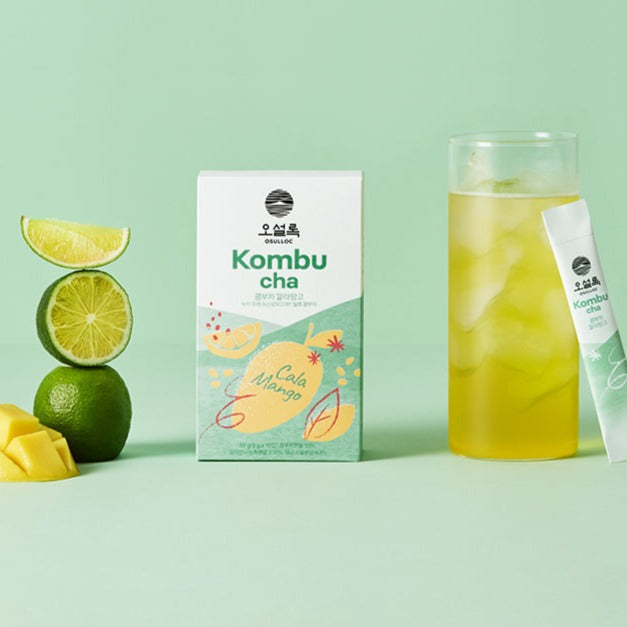 OSULLOC Kombucha Lychee Peach & Cala Mango Set with packaged tea and iced drink on a green background with fruit accents.