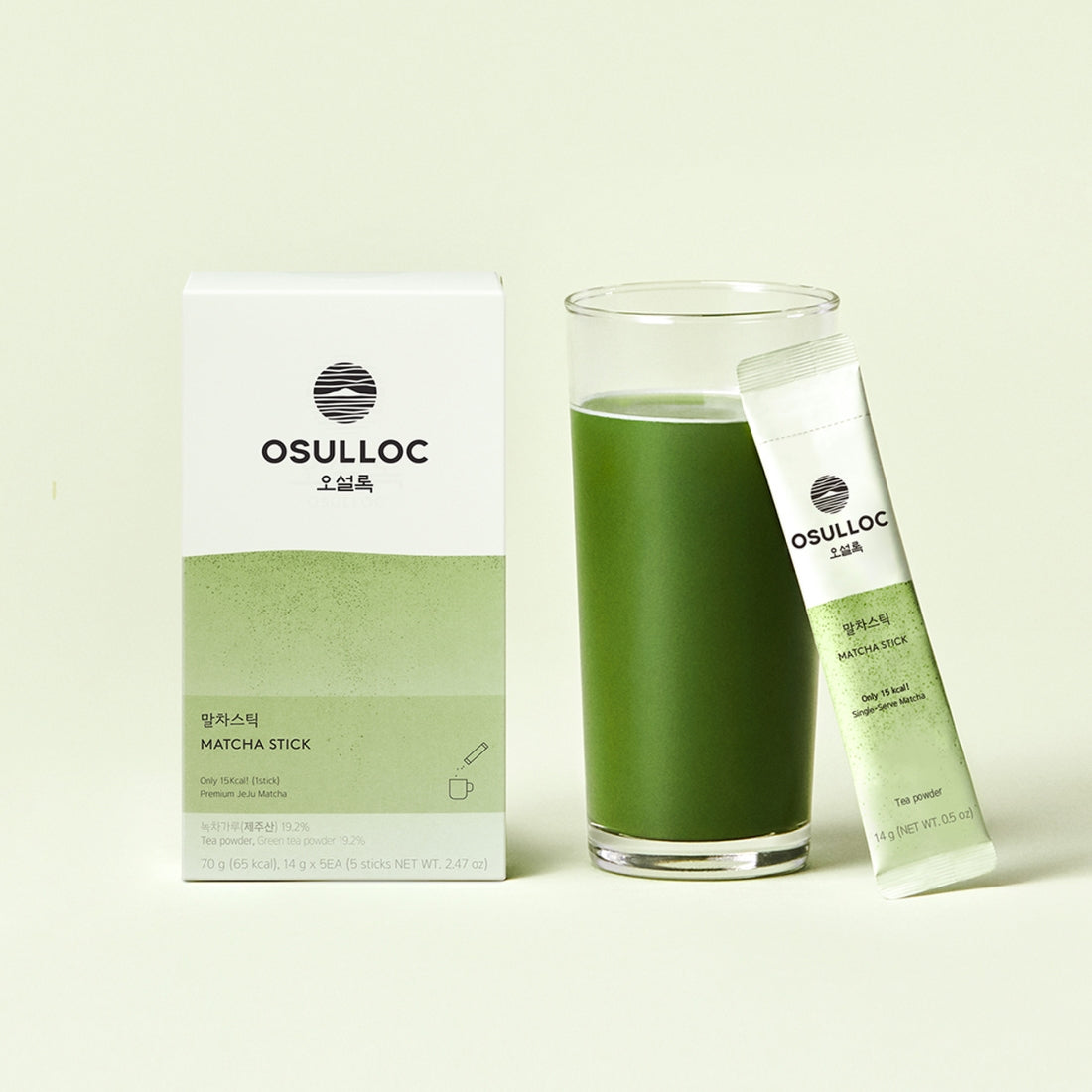 OSULLOC Matcha Sticks 5 p with a box and green tea in a glass