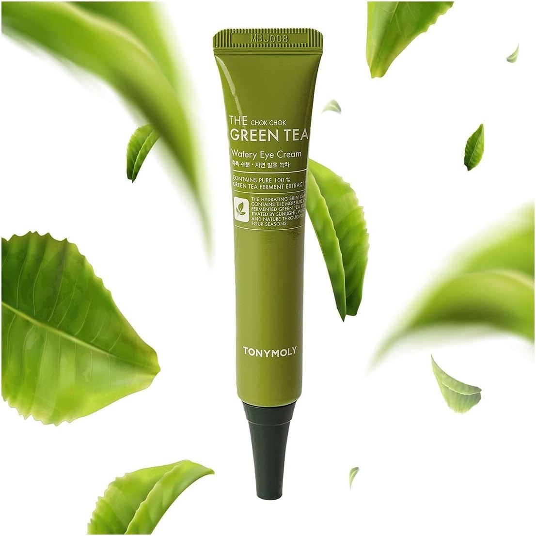 TONYMOLY More Moist Green Tea Moisture Eye Cream 30ml, skincare product in green tube with green tea leaves background