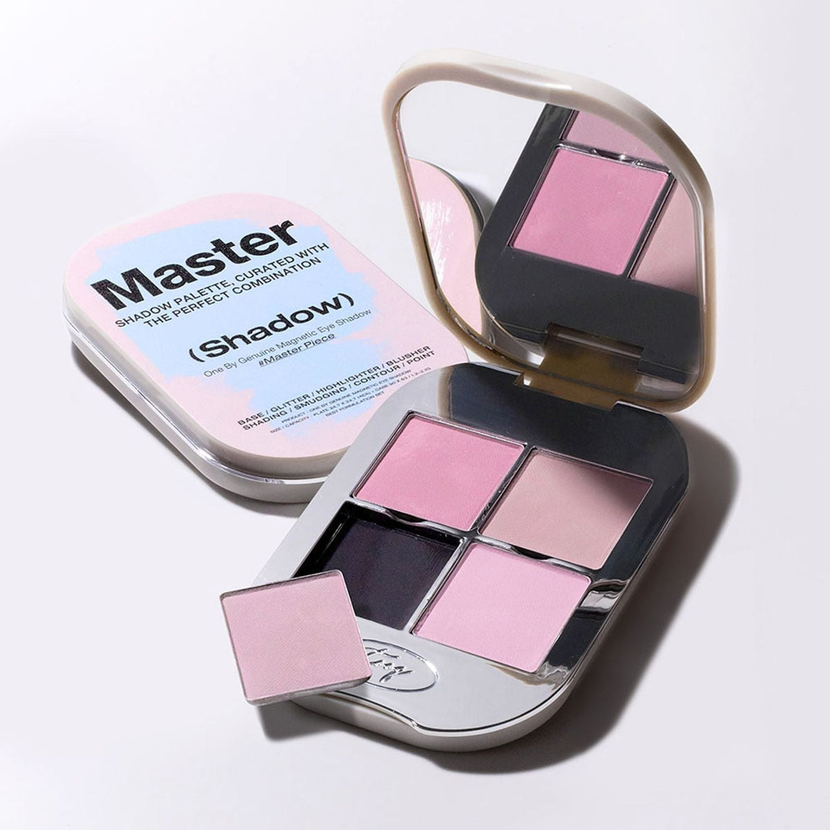 TOOQ Master Piece Face Shadow Palette with pink and nude shades and built-in mirror, perfect for versatile makeup looks.