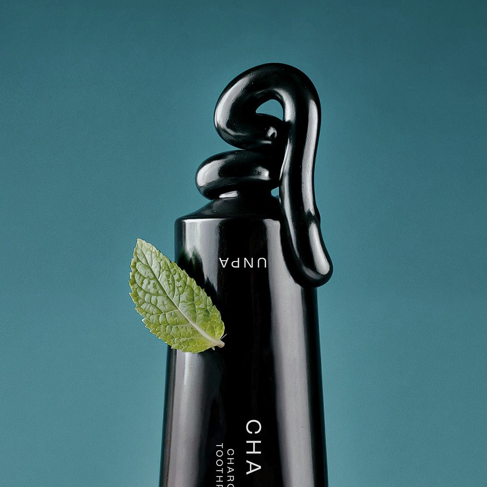 UNPA Cha Cha Charcoal Original Toothpaste 100g with black paste and mint leaf for fresh oral care
