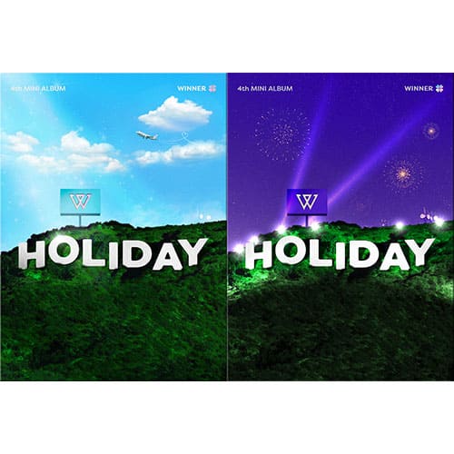 Cover art of WINNER's 4th mini album titled "Holiday" featuring daytime and nighttime landscape themes.