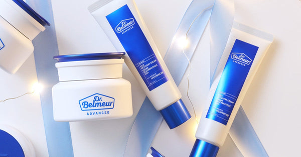 Transform Your Skin with DR.BELMEUR’s Dermatologist-Tested Products displayed elegantly with blue and white packaging.