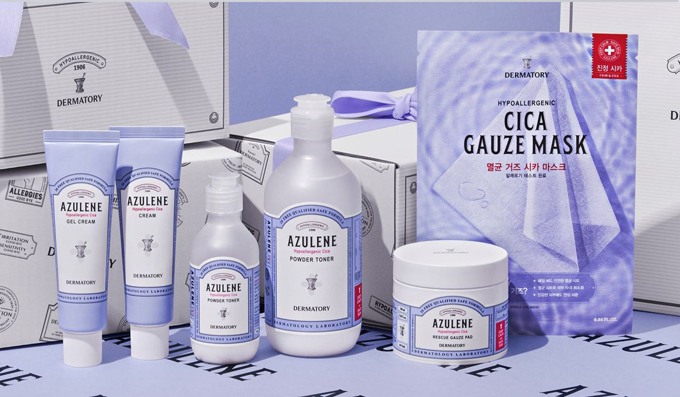 Discover DERMATORY: The Korean Skincare Brand Revolutionizing Skincare with Science and Care; Azulen product line display.