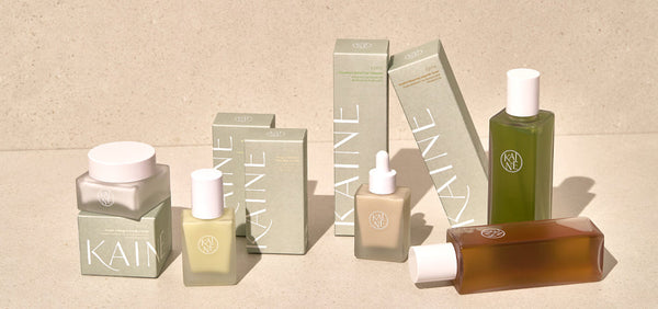 KAINE skincare products showcasing "The Power of Simplicity: KAINE’s Approach to Skincare" collection on a neutral background.