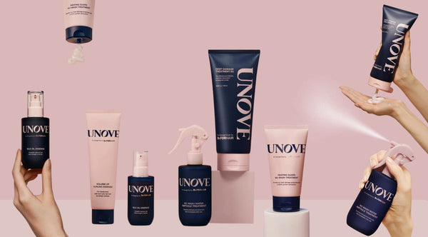 Discover UNOVE: The Future of Korean Skincare with innovative beauty products displayed against a soft pink background.
