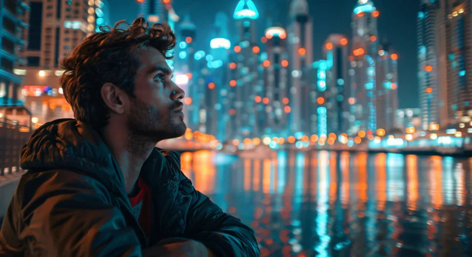 Man contemplating nighttime city view, highlighting Nighttime vs. Daytime: Why your skin needs different care at 10 PM.