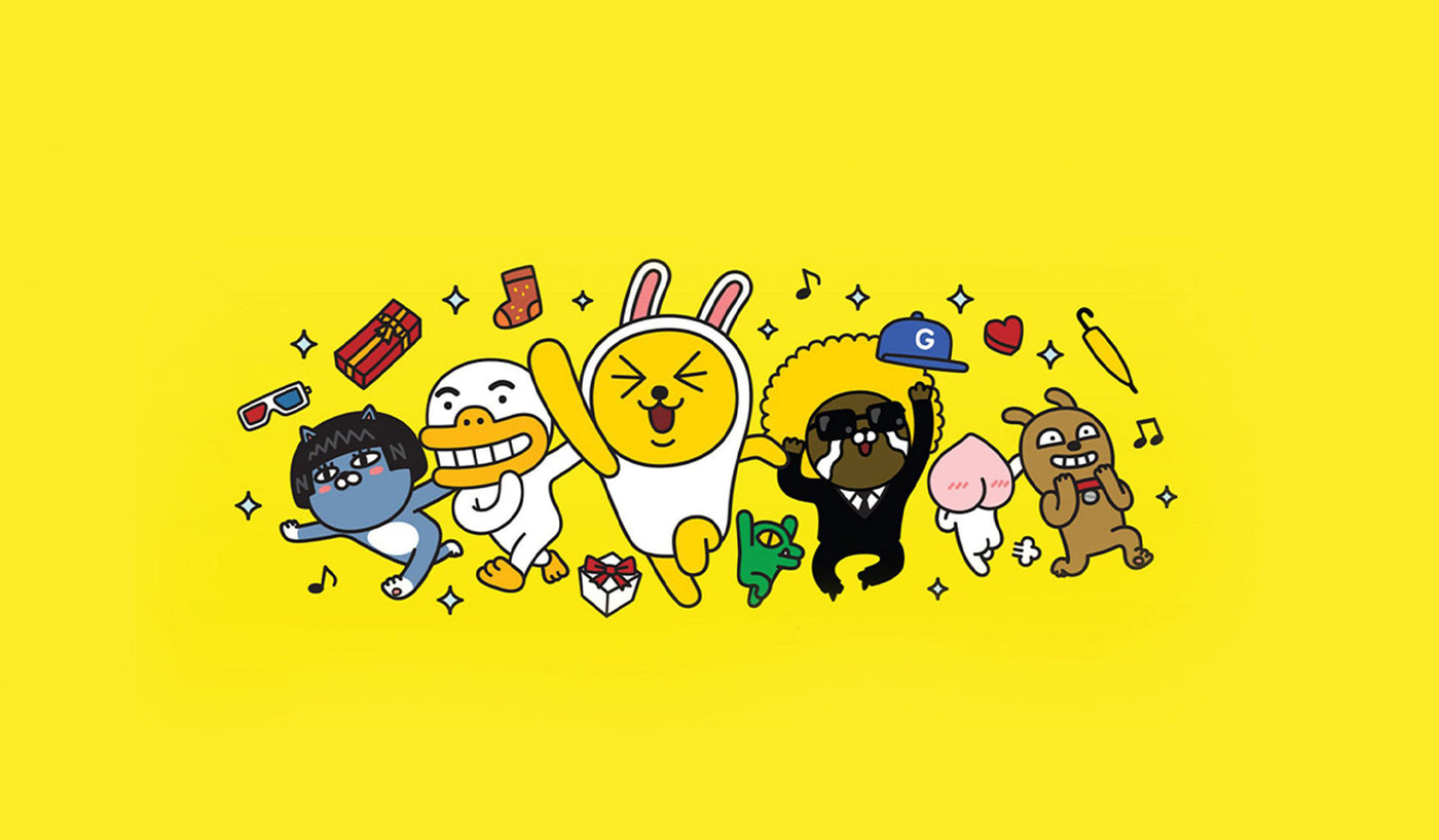 Elevate Your Style with Kakao Friends: The Iconic Korean Accessories Brand characters on a vibrant yellow background.