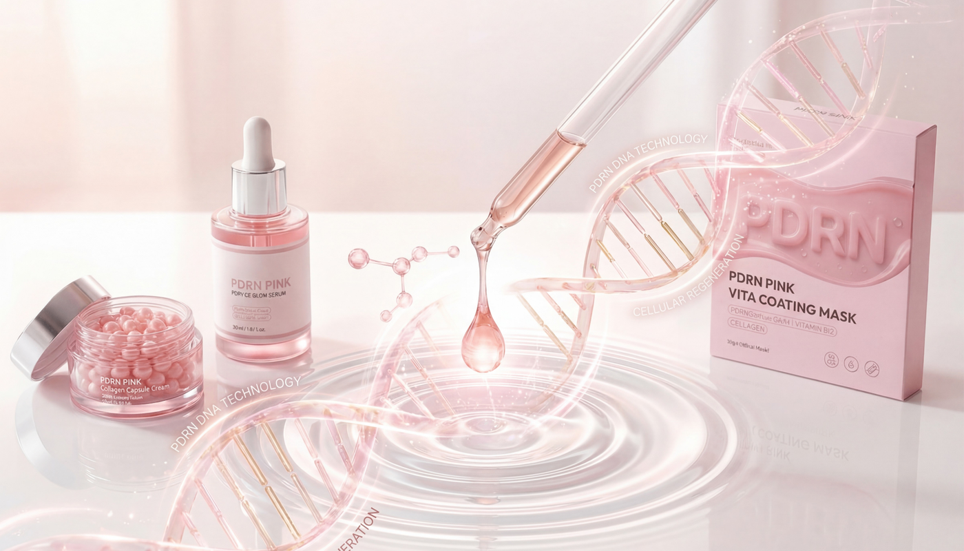 PDRN skincare products showcasing 'The Rise of PDRN in Korean Skincare: The Secret Behind Glass Skin' with salmon DNA beauty essentials.