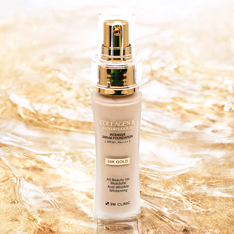 3W CLINIC Collagen & Luxury Gold Intensive Serum Foundation 40g on a shimmering surface