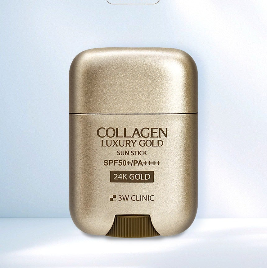 3W CLINIC Collagen & Luxury Gold Sun Stick 18g SPF50+ in gold packaging