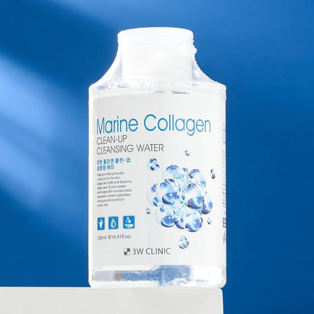 3W CLINIC Marine Collagen Clean Up Cleansing Water 500ml bottle on blue background