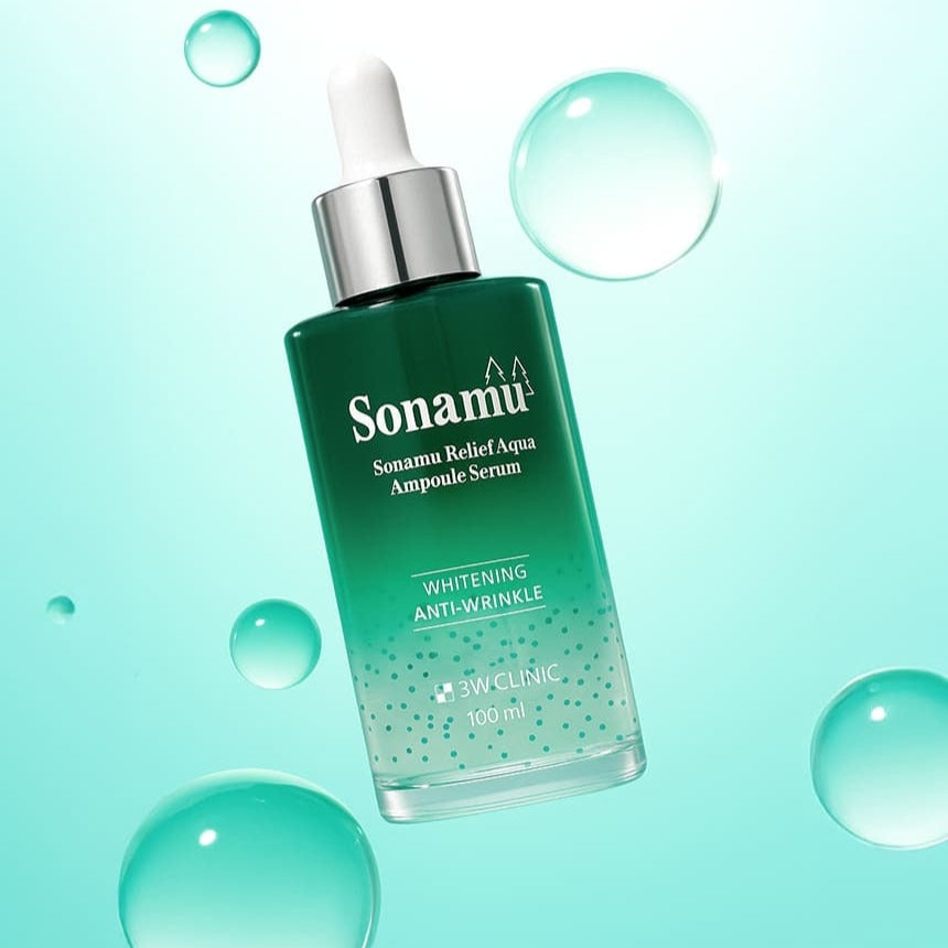 3W CLINIC Pine Relief Aqua Ampoule Serum 100ml bottle on a light blue background with bubbles