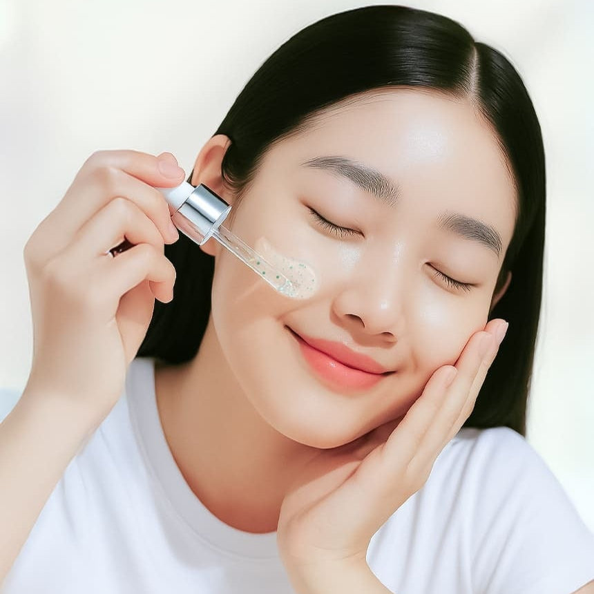 Woman applying 3W CLINIC Pine Relief Aqua Ampoule Serum 100ml on her face, showcasing skincare routine