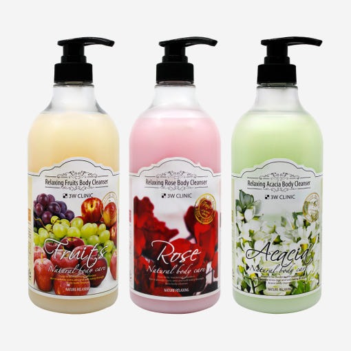 Three bottles of 3W CLINIC Relaxing Body Cleanser 1000ml featuring fruits, rose, and acacia variants.