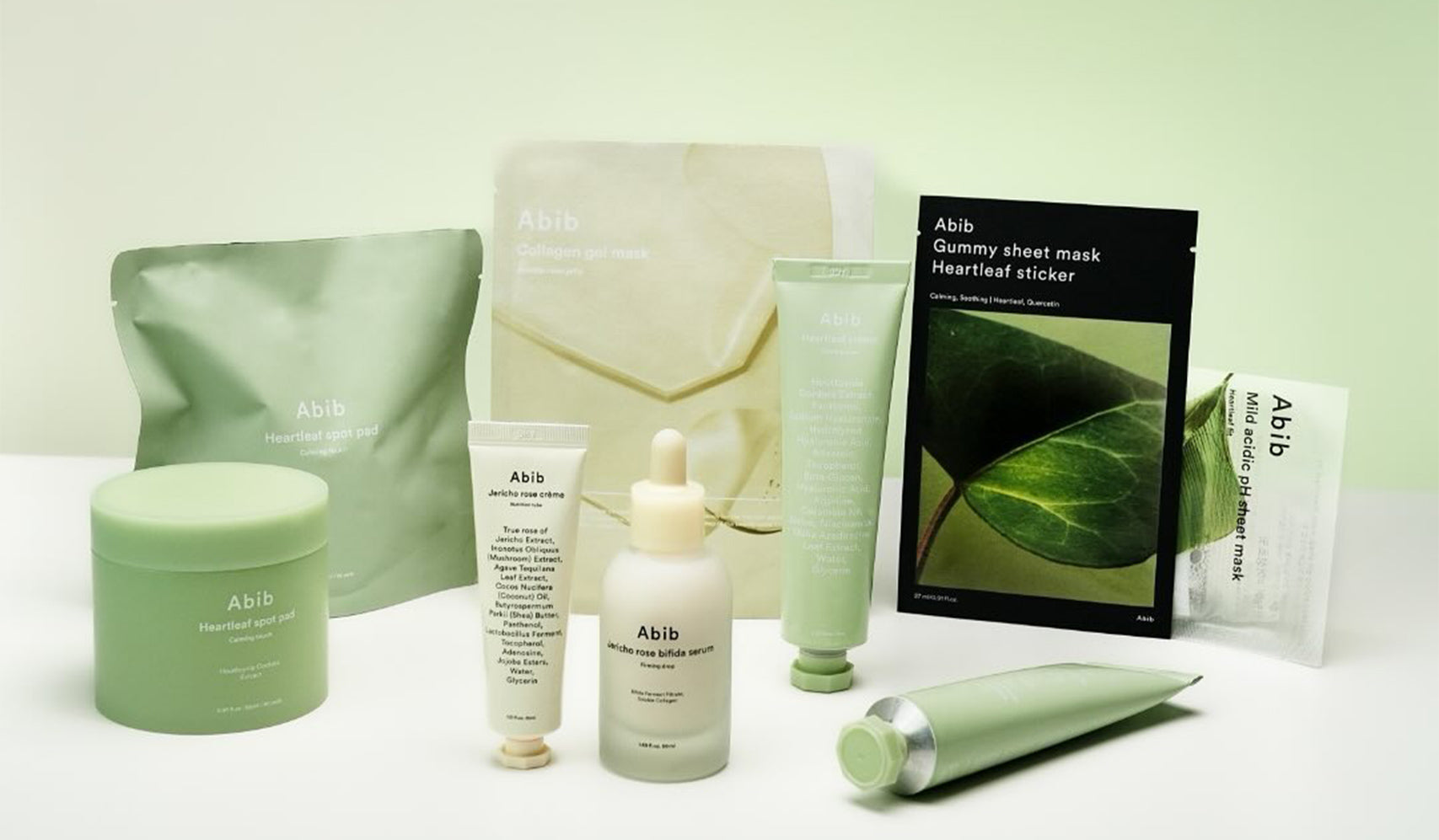 A collection of Abib skincare products including masks, creams, and serums displayed on a white background.