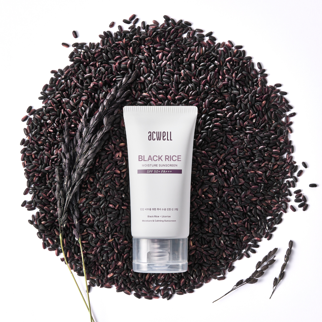 ACWELL Black Rice Moisture Sunscreen SPF50+ PA+++, 50ml with black rice seeds background.