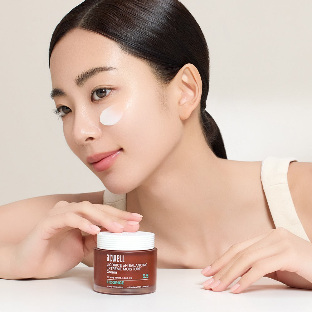 Model applying ACWELL Licorice pH Balancing Extreme Moisture Cream 55ml to her face for smooth, hydrated skin.