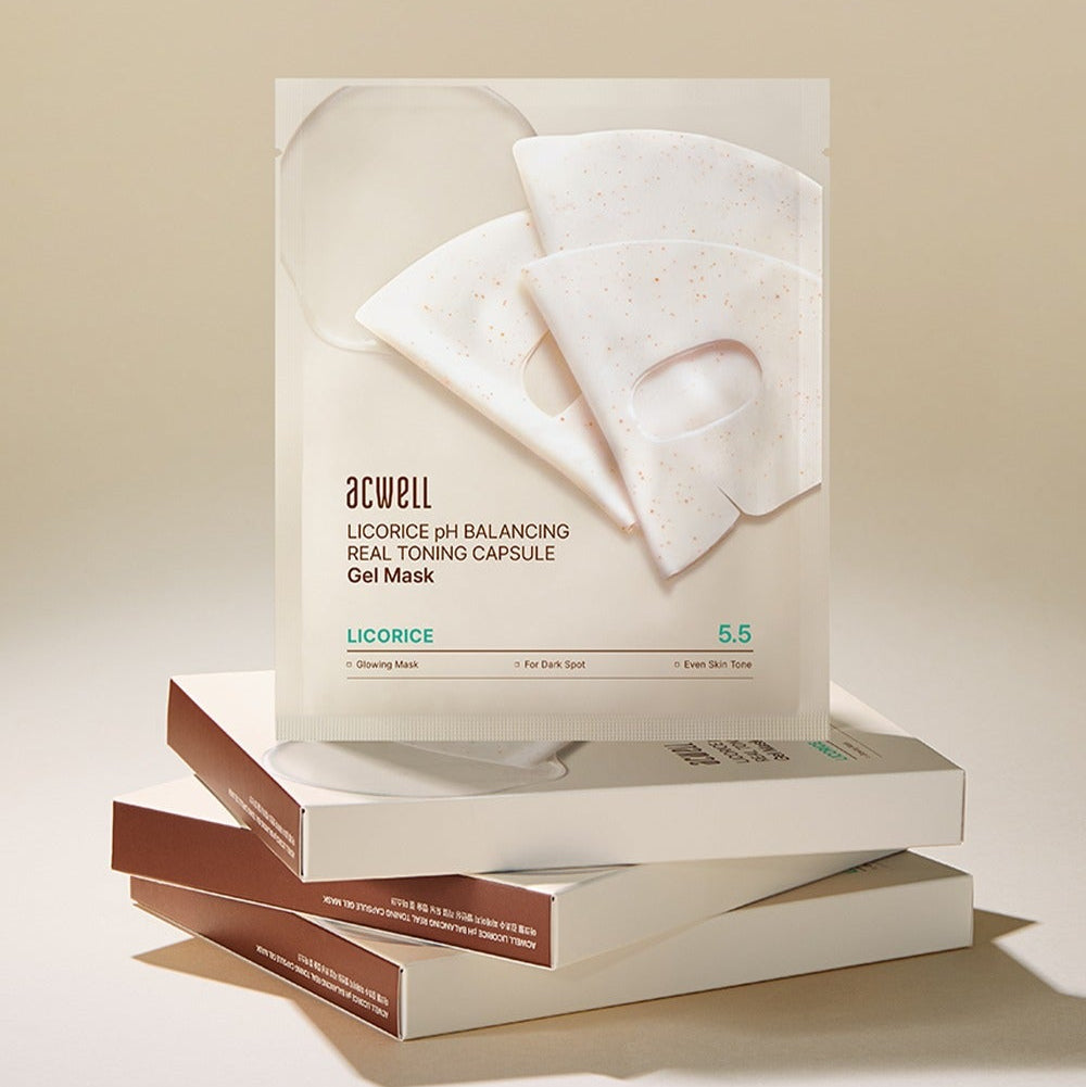 ACWELL Licorice pH Balancing Real Toning Capsual Mask Sheets 4ea package displayed on a stack of boxes.