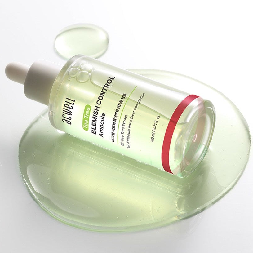 ACWELL Tea Tree Blemish Control PDRN Ampoule 80ml in a clear bottle on glossy surface