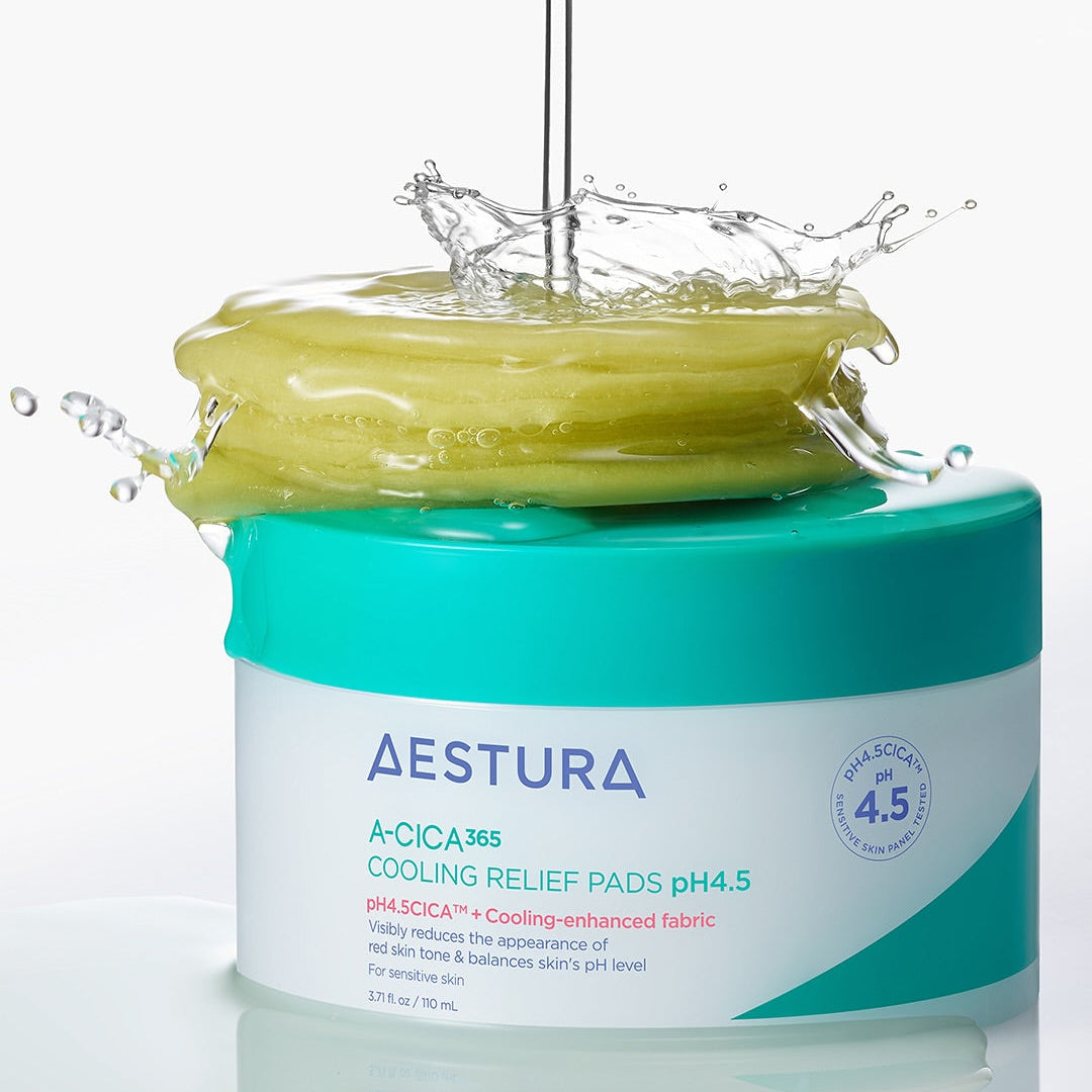AESTURA Acica 365 Cooling Relief Pad pH 4.5 110ml (60 sheets) in a vibrant green packaging with water splash effect.