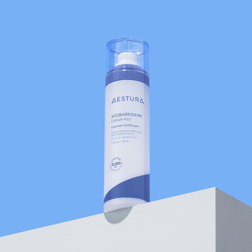 AESTURA Atobarrier 365 Cream Mist 120ml bottle on a minimalist background, highlighting skincare product packaging and design.