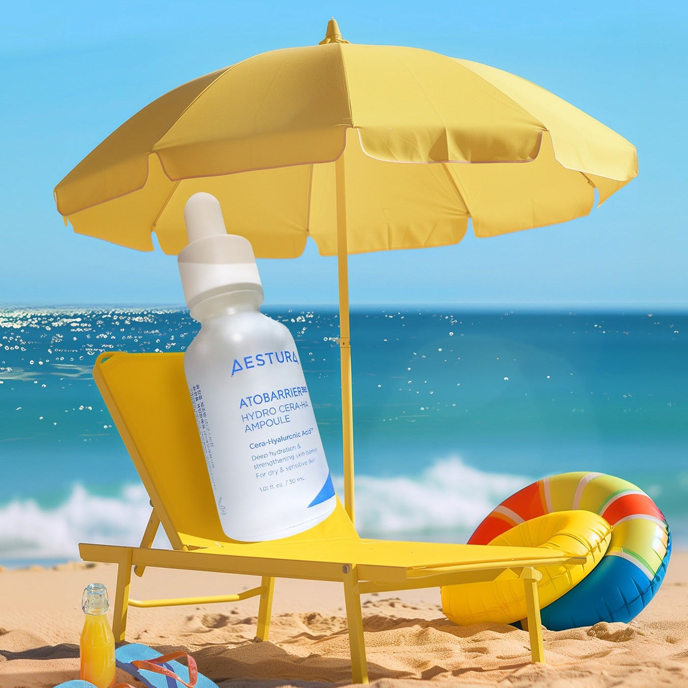 AESTURA Atobarrier 365 Hydro Cera-HA Ampoule 30ml displayed on a sunny beach with yellow umbrella and chair.