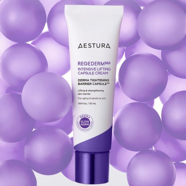 AESTURA Rizederm365 Intensive Lifting Capsule Cream 50ml against a backdrop of purple spheres