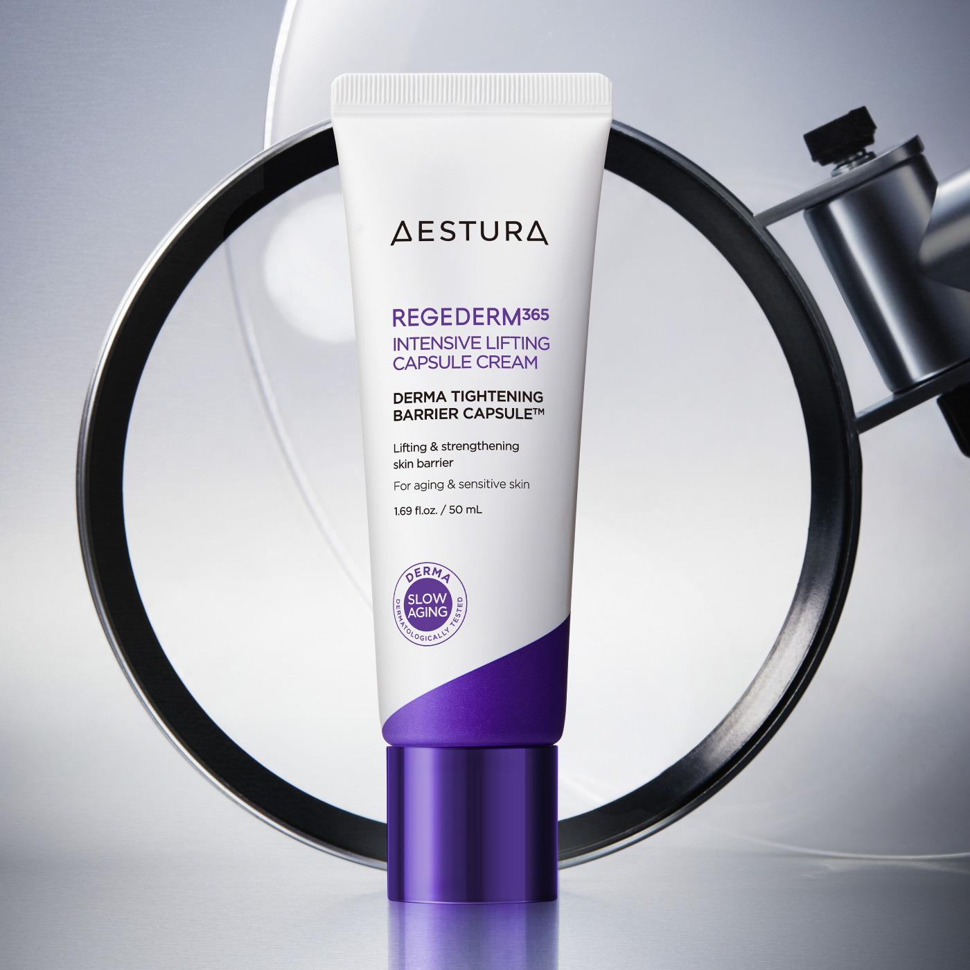 AESTURA Rizederm365 Intensive Lifting Capsule Cream 50ml on display with magnifying background, showcasing skincare product packaging.