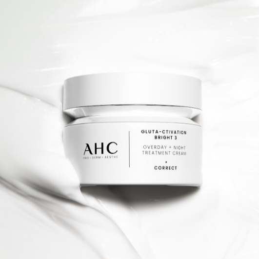 AHC Gluta Activation Bright 3 Overday Night Treatment Cream 50ml jar on smooth cream background