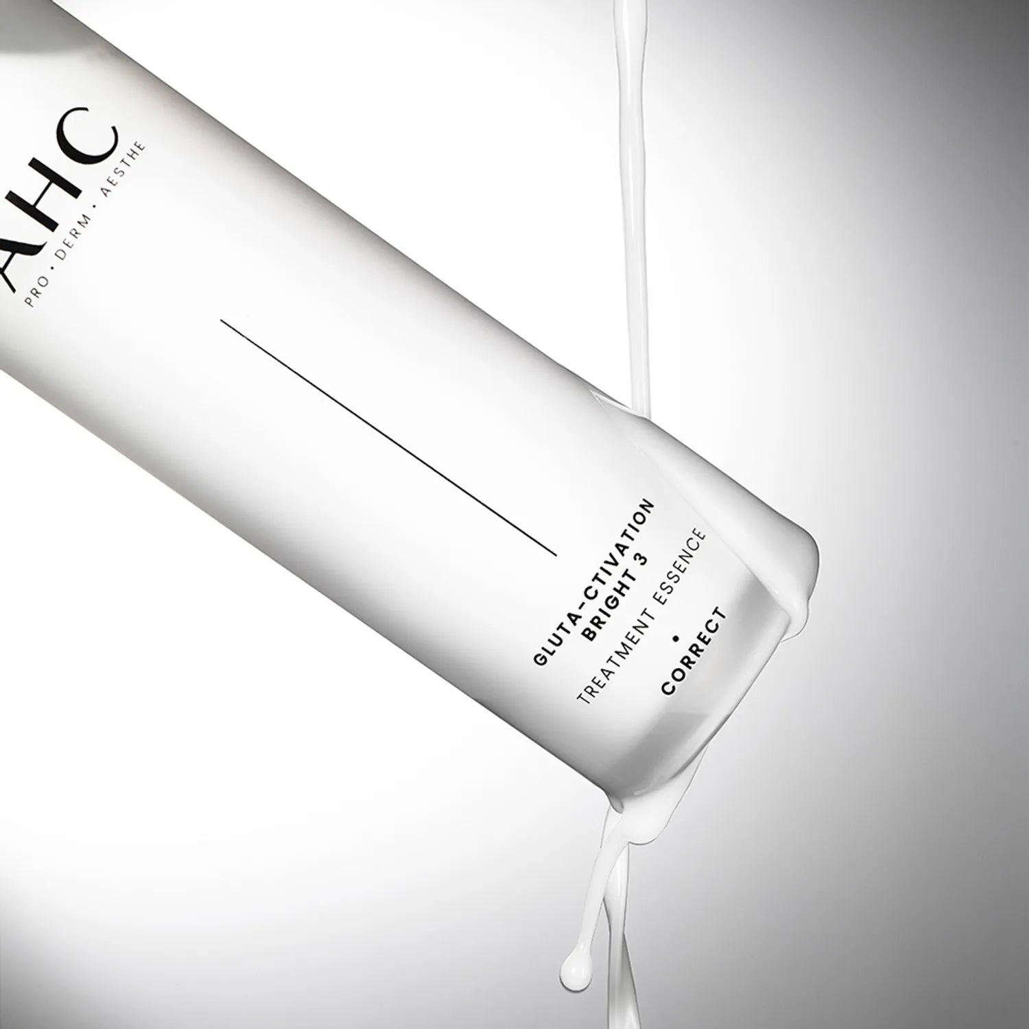 AHC Gluta Activation Bright 3 Treatment Essence 130ml bottle with liquid flowing on a gradient background