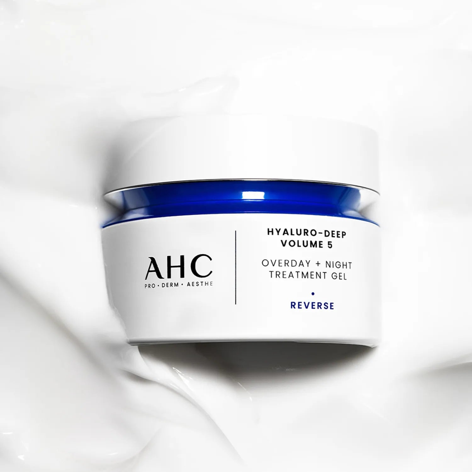 AHC Hyaluro Deep Volume 5 Overday Night Treatment Gel 50ml in blue and white jar on creamy background