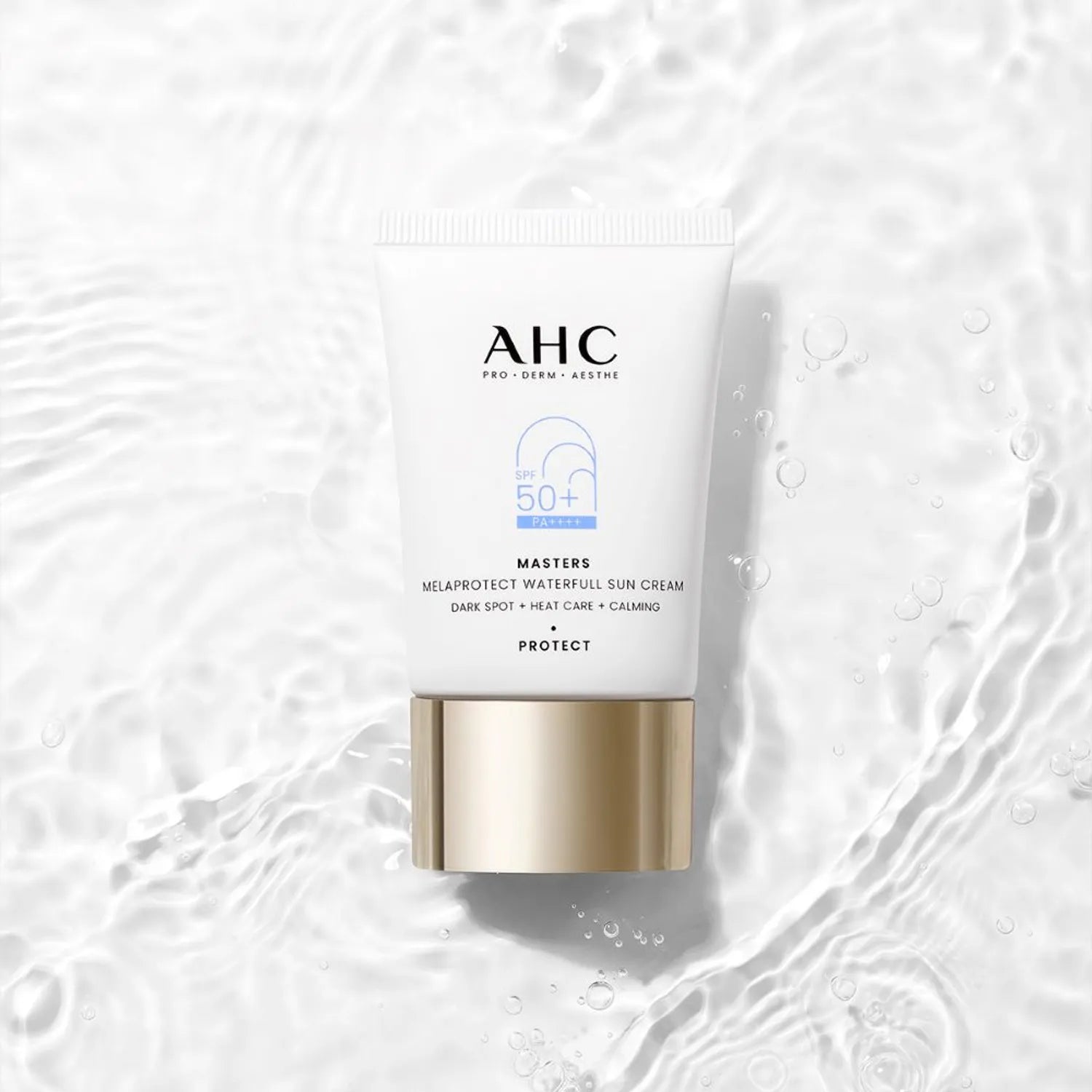 AHC Masters Mela Protect Waterfull Sunscreen 40ml tube on a watery background, emphasizing sun protection and skincare benefits.