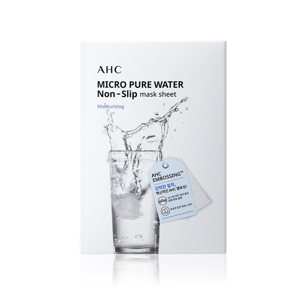 Box of AHC Micro Pure Water Non-Slip Mask Sheets 10ea showing water splash graphic on packaging