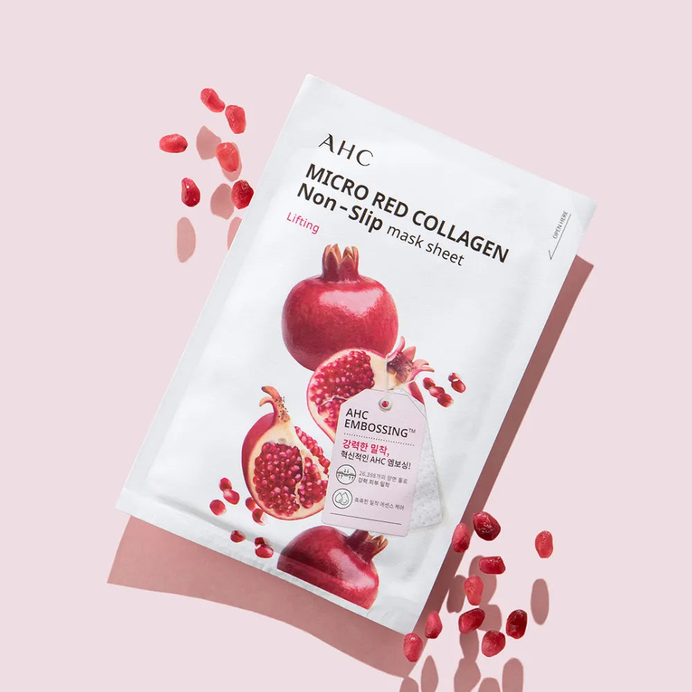 AHC Micro Red Collagen Non-Slip Mask Sheets 10ea product packaging with pomegranate design on a pink background.