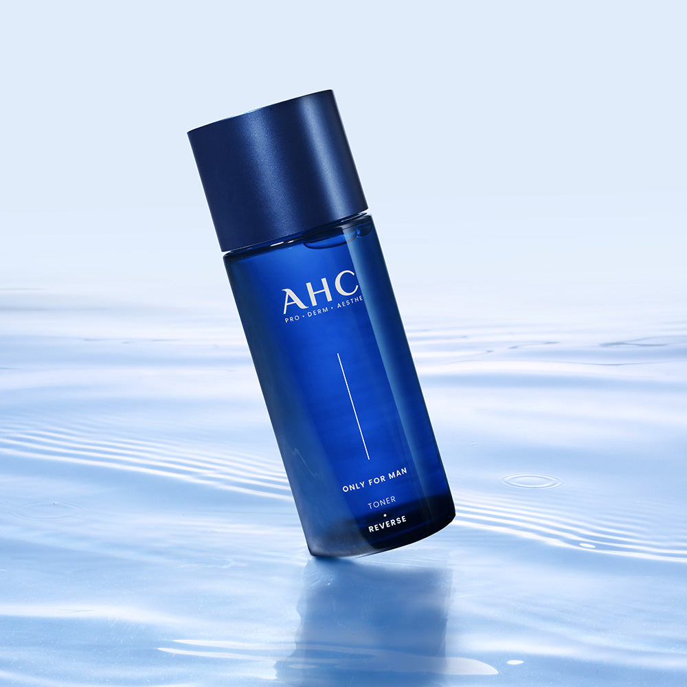AHC Only For Men Toner 150ml blue bottle on water surface, Gentleman Korea premium Korean skincare for men