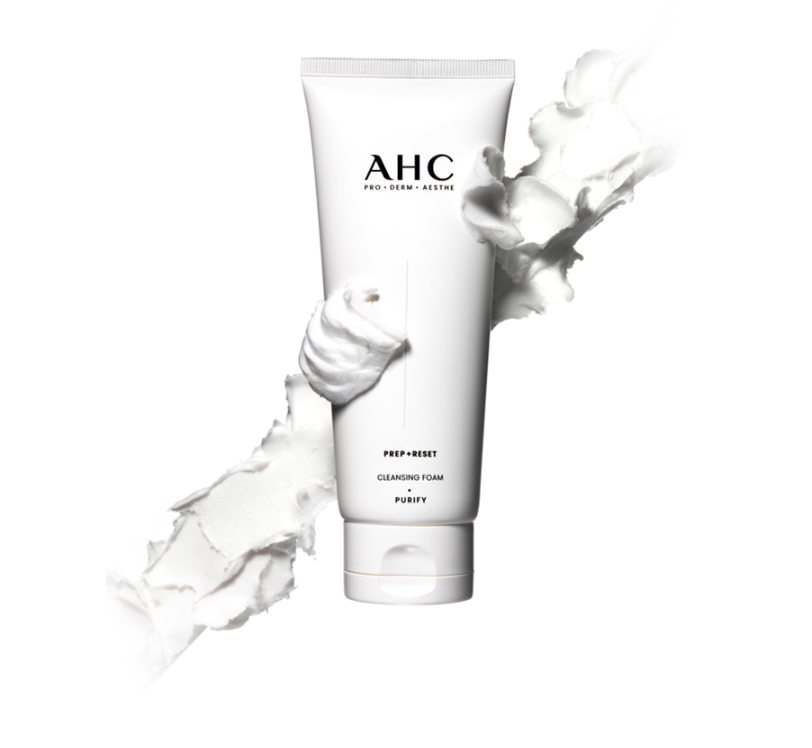AHC Prep Reset Cleansing Foam 150ml in white tube with foam swirls, skincare product for a refreshing cleanse