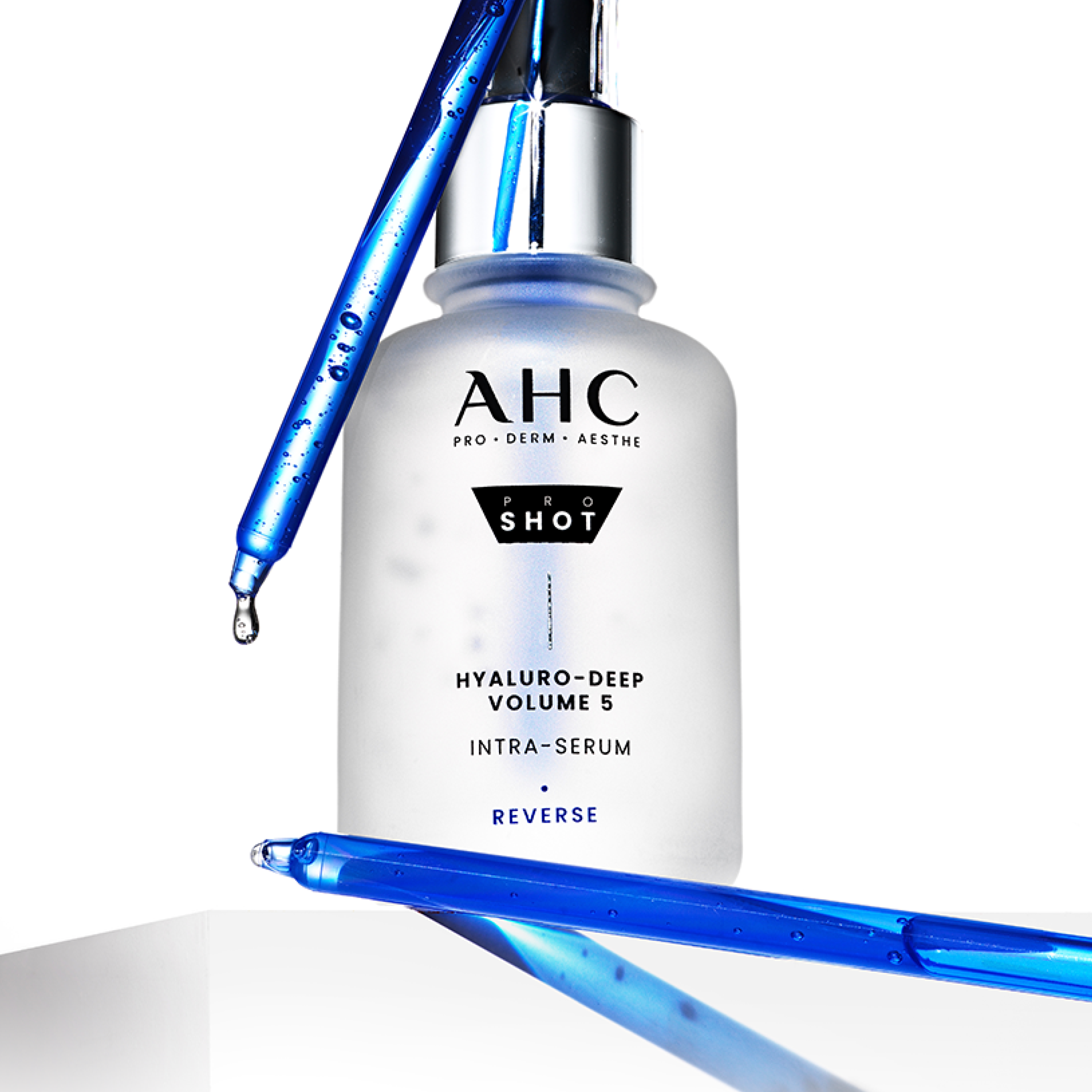Bottle of AHC Pro Shot Hyaluro Deep Volume 5 Intra Serum 40ml with droppers and water drops