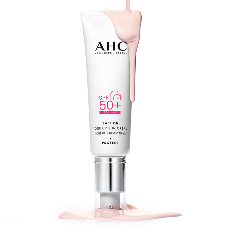 AHC Safe On Tone-Up Sunscreen 50ml tube with pink cream emphasized for skincare protection and tone-up effect.