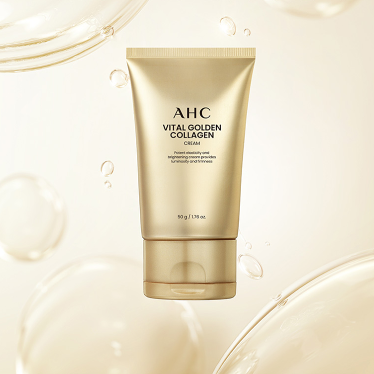 Tub of AHC Vital Golden Collagen Cream 50g on a golden background with translucent bubbles.