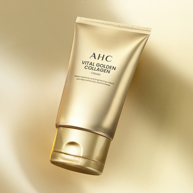 AHC Vital Golden Collagen Cream 50g in a luxurious gold tube against a gold background.