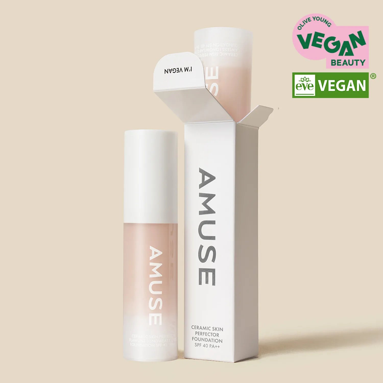 AMUSE Ceraamic Skin Perfection Mini Foundation in a box with Vegan Beauty certifications.