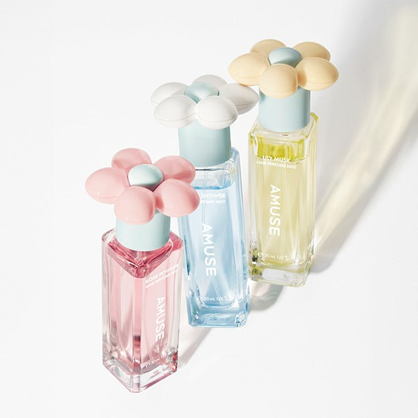 AMUSE Rose Powder Hair Perfume Mist 30ml bottles with floral caps on a white background